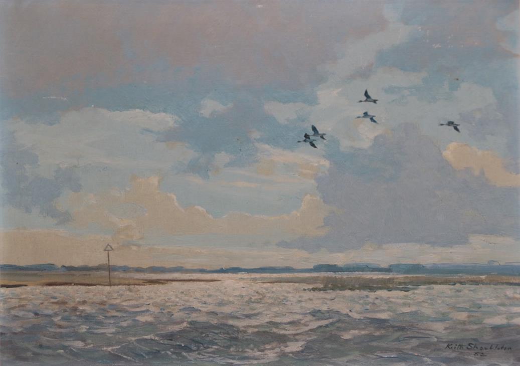 Lot 406 - Keith Shackleton MBE (1923-2015) ''Widgeon over Bosham'' Signed and dated (19)52, oil on canvas...