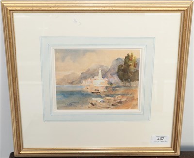 Lot 407 - Hercules Brabazon Brabazon (1821-1906) Mediterranean coastal town with boats moored at an inlet...