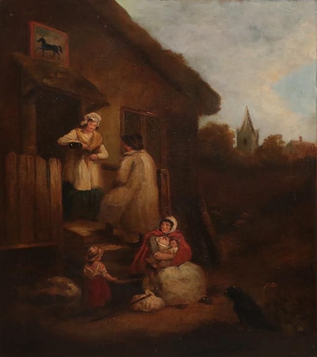 Lot 412 - After George Morland (1763-1804) Travellers being given sustenance outside a tavern  Bears...