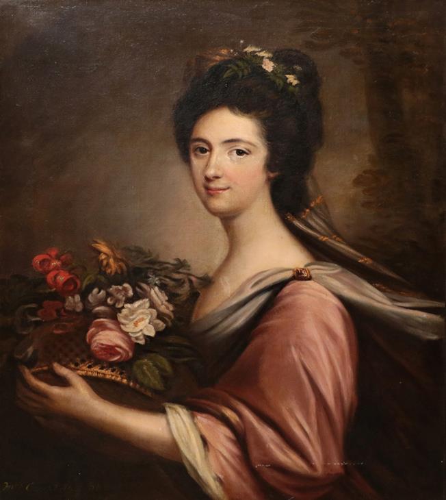 Lot 419 - British School (19th century) Portrait of Mrs Campbell of Shaw holding a basket of flowers Oil...