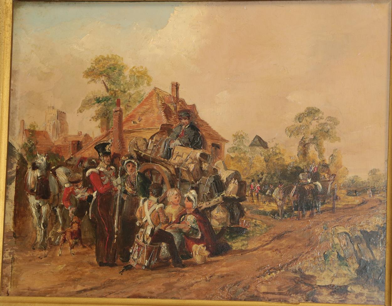 Lot 420 - Circle of William Powell Frith (1819-1909) A military regiment stopping in a village Oil on...