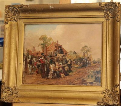 Lot 420 - Circle of William Powell Frith (1819-1909) A military regiment stopping in a village Oil on...