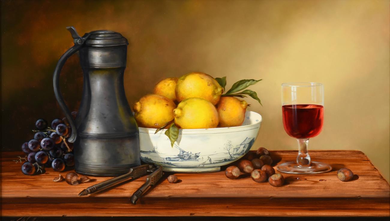 Lot 428 - Paul Wilson (b.1945) ''Pewter and Fruit'' Signed, oil on board, 33cm by 58.5cm  Provenance: Spencer