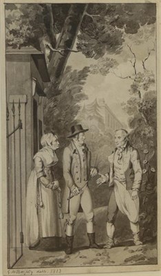 Lot 435 - G* M* Brighty (early 19th century) Figures in conversation at a gate house Signed and dated...