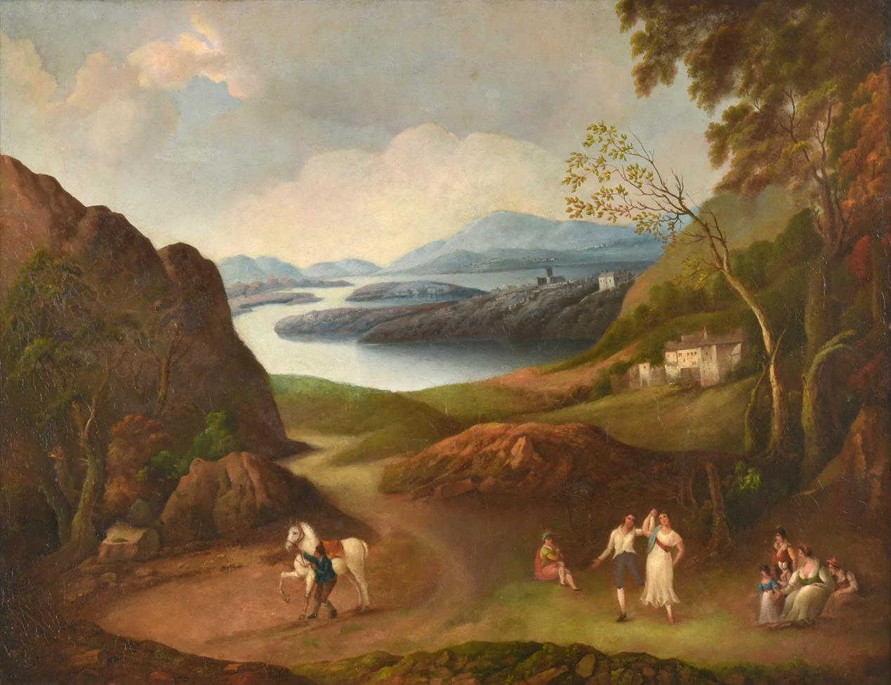 Lot 444 - Follower of Jacob Philip Hackert (1737-1807)  Figures in an extensive Lakeland landscape Oil on...