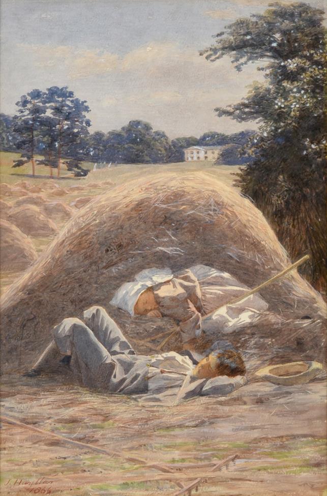 Lot 446 - James Hayllar (1829-1920) Two children asleep in a hay bale before a country house Signed and dated