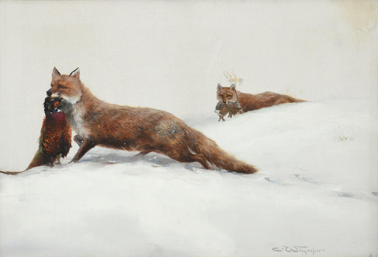 Lot 452 - Charles Whymper (1853-1941) Foxes in the snow with their kill Signed, oil on canvas, 39cm by 59cm