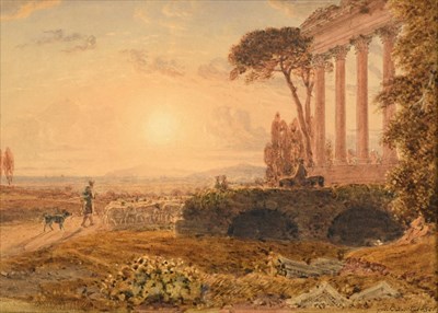 Lot 461 - George Barrett (1767-1842) A shepherd and travellers before a classical colonnaded building...