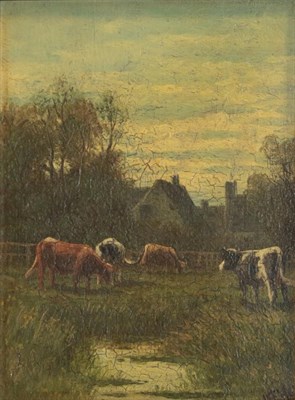 Lot 462 - Abraham Hulk Junior (1851-1922) Cattle watering before cottages Signed, oil on board, 12.5cm by...