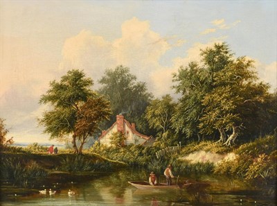 Lot 465 - Edward Charles Williams (1807-1881) Fishermen on a tranquil pond before a cottage Oil on panel,...