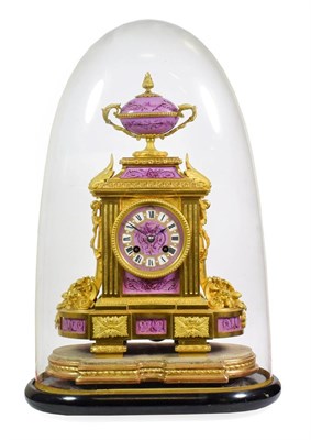 Lot 493 - A Gilt Metal Pink Porcelain Mounted Striking Mantel Clock, retailed by Cattaneo & Co, circa...