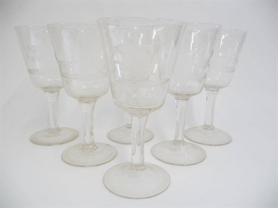 Lot 4 - A Set of Six Wine Goblets, late 19th/20th century, the bucket shape bowls engraved with...