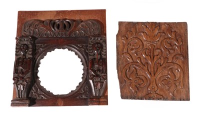 Lot 610 - A 17th Century Carved Oak Panel, mounted on a later board, the crown cresting with two caryatid...