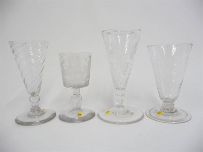 Lot 12 - Three Ale Glasses, circa 1780-1830, the latest example engraved with fruiting hops and barley,...