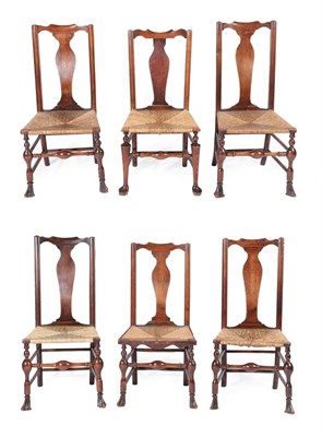 Lot 641 - A Set of Five 18th Century Elm and Rush-Seated Dining Chairs, with solid splats above turned...