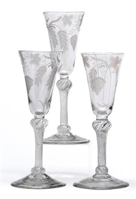 Lot 16 - A Set of Three Ale Glasses, circa 1750, each with round funnel bowl engraved with hops and...