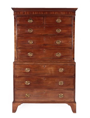 Lot 684 - A George III Mahogany and Boxwood Strung Chest on Chest, circa 1800, the bold cornice above two...