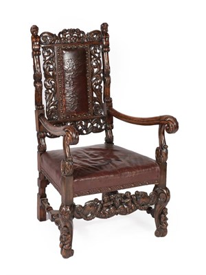 Lot 712 - A Late 19th/Early 20th Century Carved and Stained Armchair, in 17th century style, covered in...