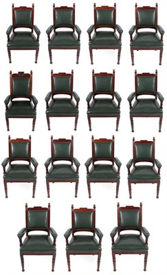 Lot 714 - ~ A Set of Fifteen Victorian Mahogany Armchairs, late 19th century, recovered in green close-nailed