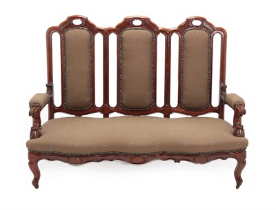 Lot 719 - A Victorian Mahogany Framed Three-Seater Sofa, late 19th century, recovered in close-nailed...