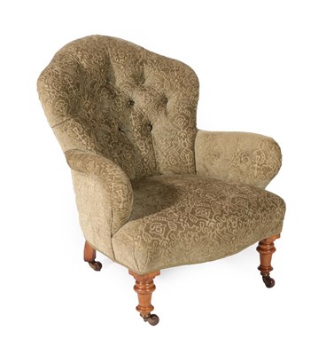 Lot 722 - A Victorian Upholstered Armchair, circa 1880, recovered in buttoned green fabric, with...