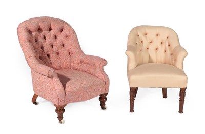 Lot 725 - A Victorian Upholstered Armchair, circa 1880, recovered in buttoned pink paisley fabric, with...