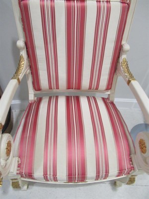 Lot 728 - ~ A Pair of Late 19th Century Parcel Gilt Armchairs, recovered in striped silk, the scrolled...