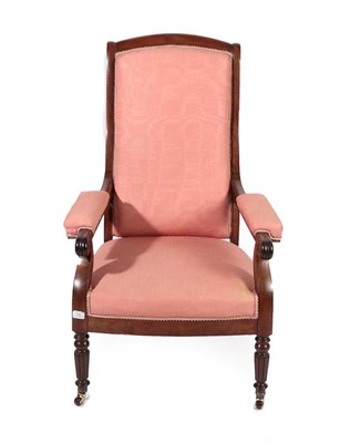 Lot 730 - ~ A Victorian Mahogany Upholstered Open Armchair, late 19th century, recovered in pink fabric, with