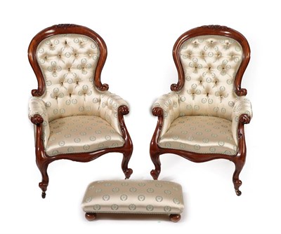 Lot 738 - ~ A Pair of Victorian Style Hardwood Armchairs, covered in buttoned silk, with moulded and...