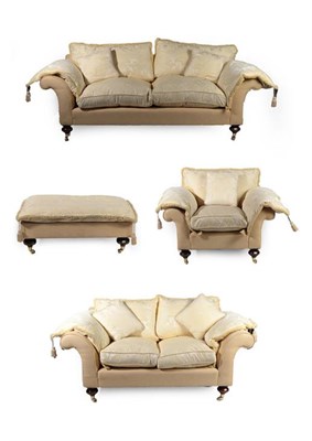 Lot 739 - ~ A Four Piece Lounge Suite, modern, upholstered in yellow corduroy-type fabric, with feather...