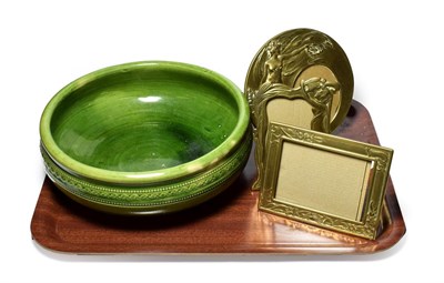 Lot 11 - Three Art Nouveau style frames and a Clarence pottery Stockton-on-Tees green glazed bowl