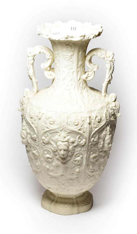 Lot 19 - A Copeland Parian twin-handled vase. Printed mark, 38cm.