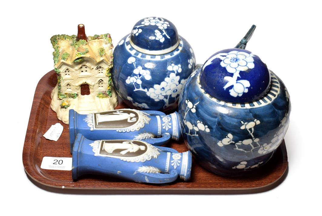 Lot 20 - Two Chinese ginger jars and covers, a Chinese blue and white boat, a Staffordshire pastille burner