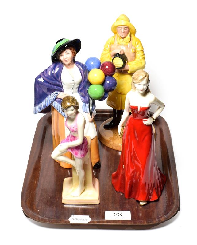 Lot 23 - Four Royal Doulton figures including Lifeboat Man, Balloon Lady, Brighton Belle, Gemma