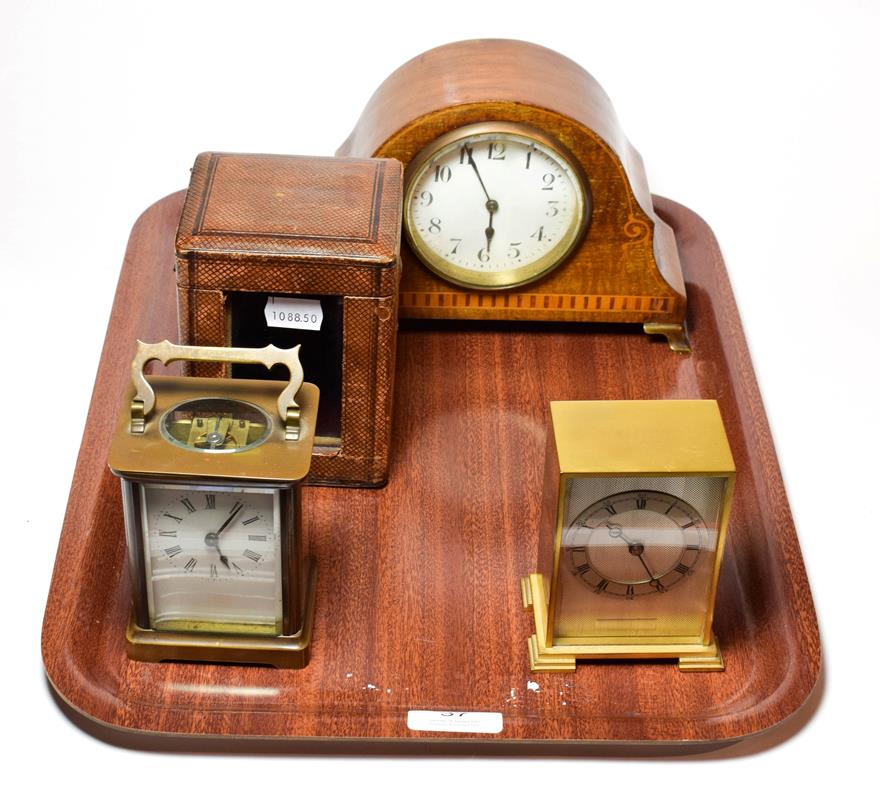 Lot 37 - A brass carriage timepiece with fitted travelling case, inlaid mantel timepiece and a brass...