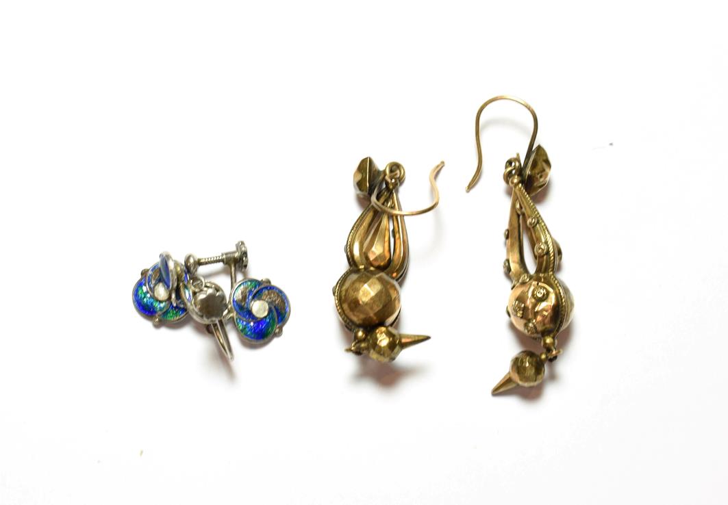 Lot 52 - A pair of enamel drop earrings, unmarked, with screw fittings; and a further pair of drop earrings