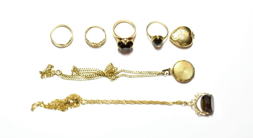 Lot 53 - A collection of jewellery including two 9 carat gold rings, finger sizes J and L; two 9 carat...