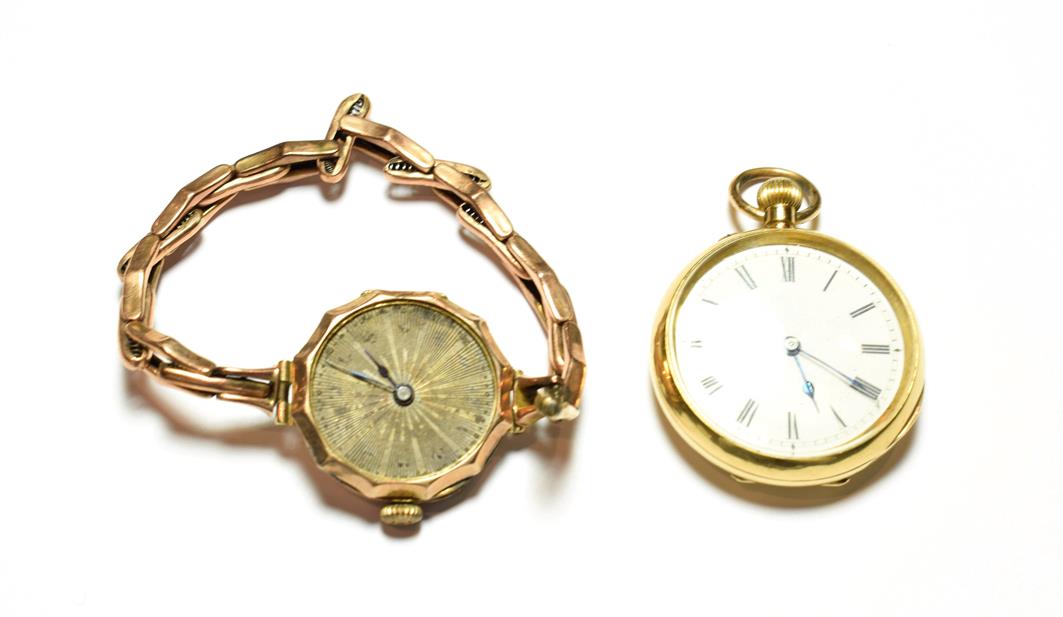 Lot 69 - A lady's fob watch with case stamped 18k and a lady's 9 carat gold wristwatch (2)