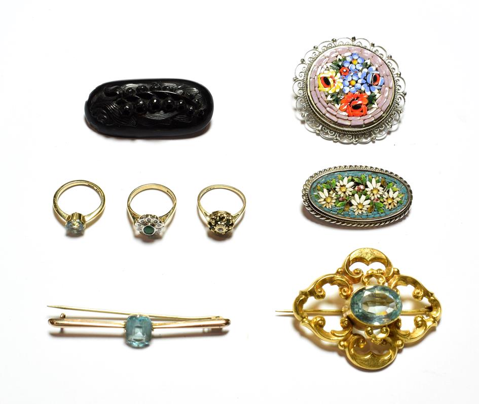 Lot 80 - A gem set ring, stamped '18CT', finger size H1/2; two 9 carat gold gem set cluster rings; a gem set