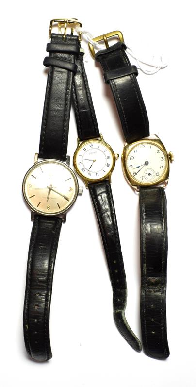 Lot 86 - A 9 carat gold cushion form wristwatch, a plated Seiko lady's wristwatch, and a gent's...