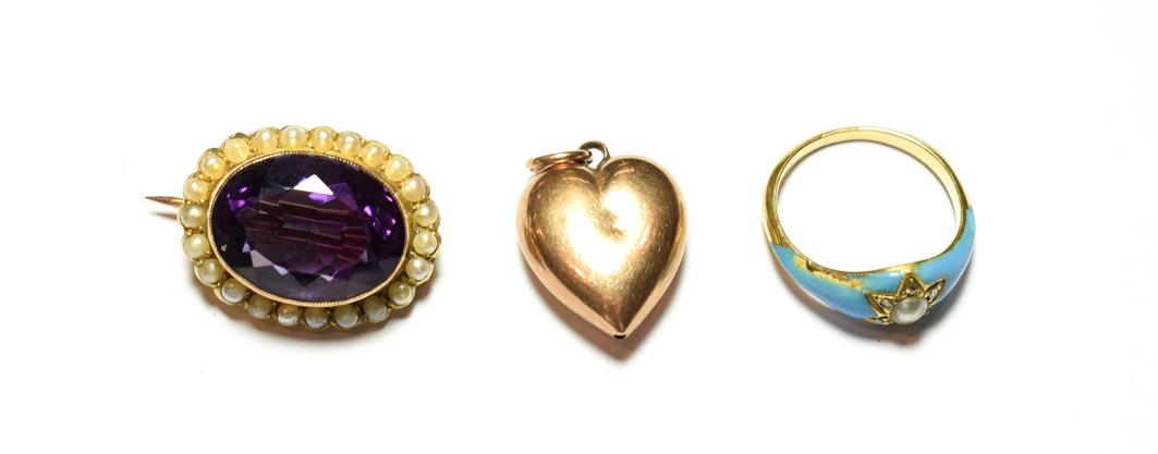 Lot 92 - An amethyst and split pearl brooch, stamped '9CT'; a 9 carat gold heart shaped pendant; and an...