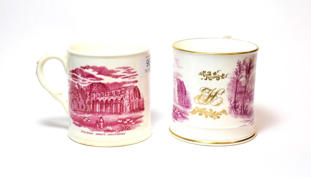 Lot 96 - Two 19th century transfer printed mugs, both depicting scenes of ''Ironbridge Shropshire'', and...