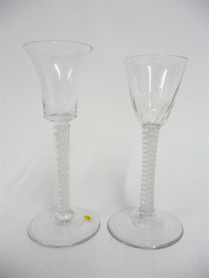 Lot 42 - An Opaque Twist Wine Glass, circa 1760, the round funnel bowl with basal fluting, on a...