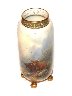 Lot 100 - A Royal Worcester gilt painted vase decorated with highland cattle, signed Harry Stinton. Green...