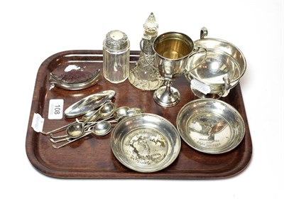 Lot 108 - A selection of silver items including a twin handled sugar bowl, two trophy pin trays marked...