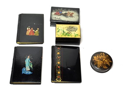 Lot 110 - Three lacquer note books, a Russian snuff box, a lacquer box and a fernware box
