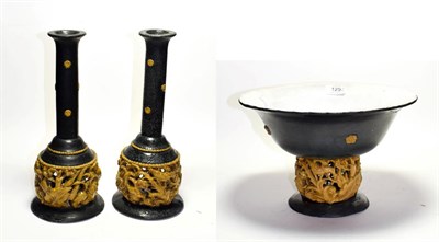 Lot 129 - An unusual three piece Austrian terracotta centrepiece, impressed marks for Willy Russ, bowl...