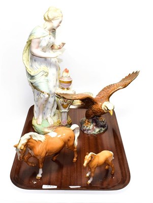 Lot 143 - Two Beswick horses, a Beswick bald eagle numbered 1018, and a Continental ceramic figure of a lady