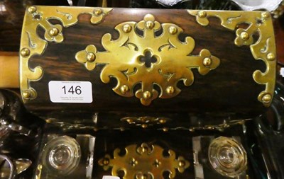 Lot 146 - A Victorian coromandel wood and brass mounted inkwell/stationary desk stand with slide drawer