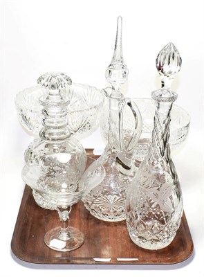 Lot 162 - Three cut glass decanters, a Royal Brierley and Stuart pedestal bowl, and another pedestal bowl (on